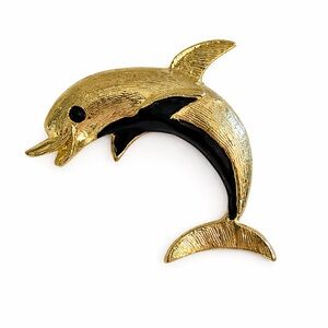 Vintage Gold Tone Dolphin Brooch Black Enamel Statement Pin Nautical Pin